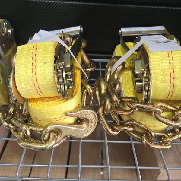 Ratchet strap with chain end